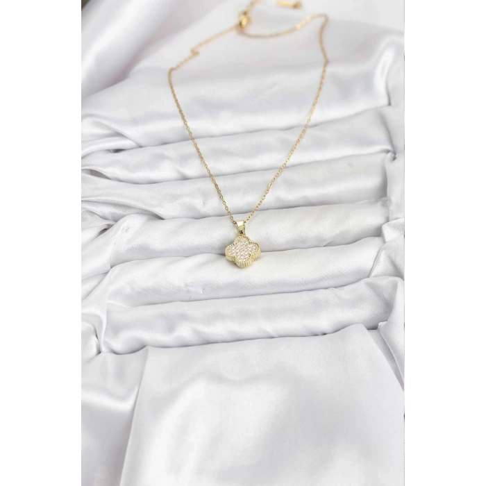 316L Çelik Zincir Gold Renk Zirkon Taşlı Yonca Model Kadın Kolye - TJ-BKO10771