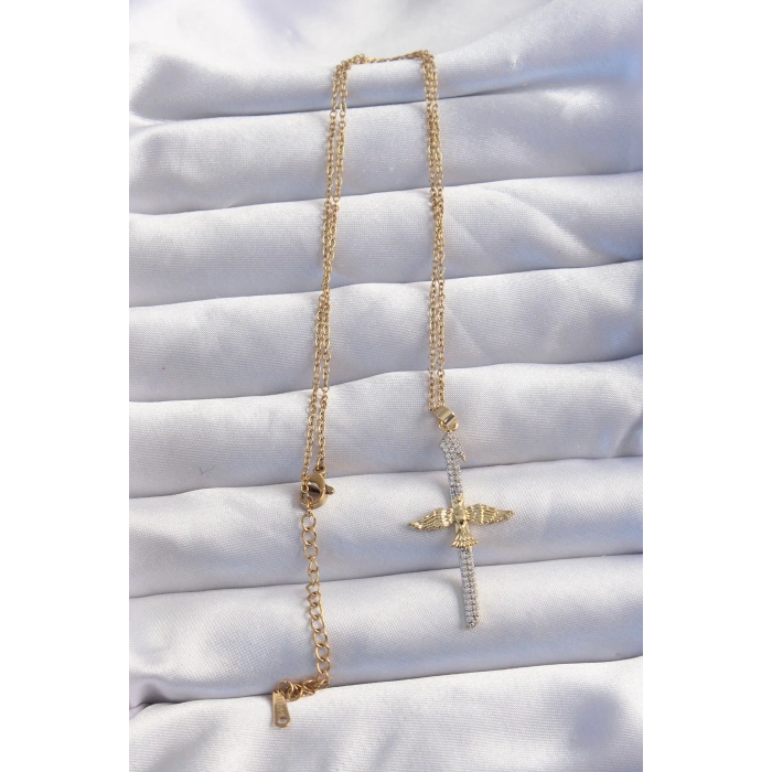 316L Çelik Zincir Gold Renkli Zirkon Taşlı Kılıç Model Anka Kuşu Kolye - TJ-BKO8986
