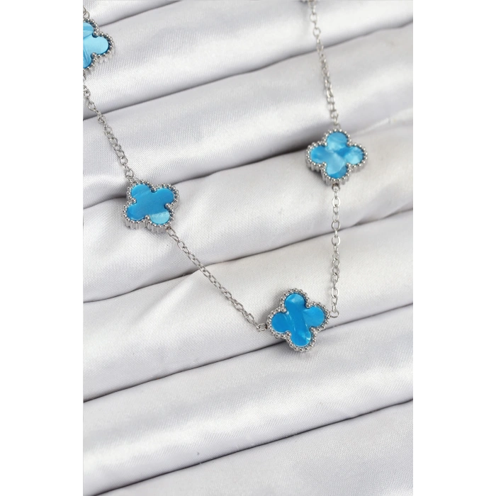 316L Çelik Zincir Gümüş Buz Mavisi Renk Yonca Kadın Kolye - TJ-BKO10582