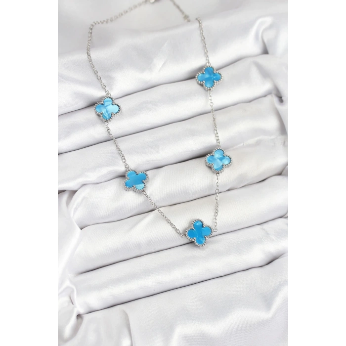 316L Çelik Zincir Gümüş Buz Mavisi Renk Yonca Kadın Kolye - TJ-BKO10582