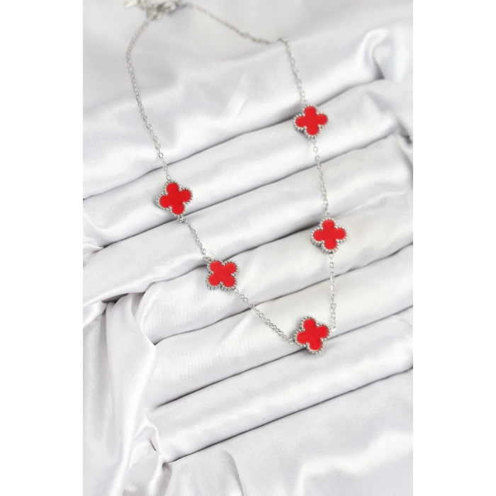 316L Çelik Zincir Gümüş Kırmızı Renk Yonca Kadın Kolye - TJ-BKO10586