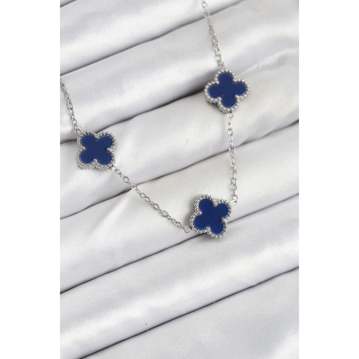 316L Çelik Zincir Gümüş Lacivert Renk Yonca Kadın Kolye - TJ-BKO10587