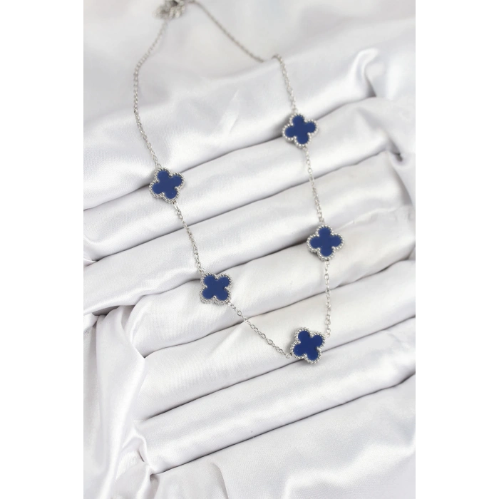 316L Çelik Zincir Gümüş Lacivert Renk Yonca Kadın Kolye - TJ-BKO10587
