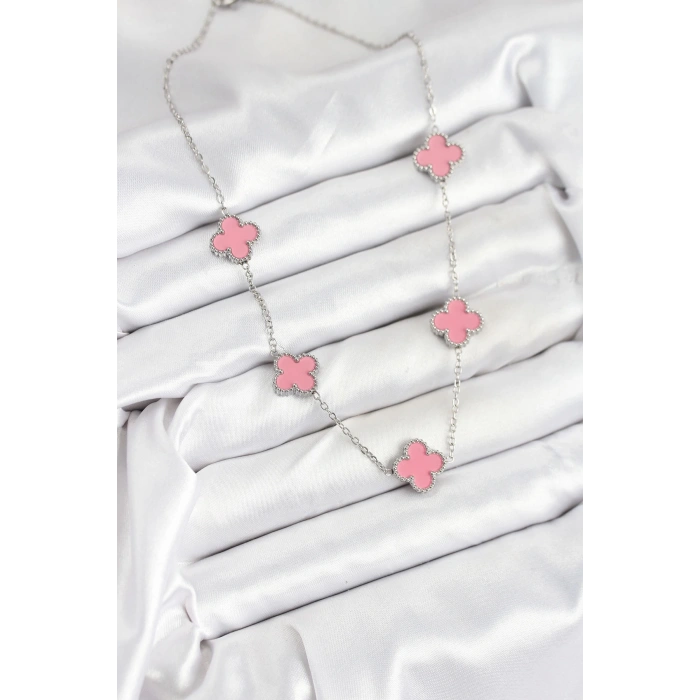 316L Çelik Zincir Gümüş Pembe Renk Yonca Kadın Kolye - TJ-BKO10584