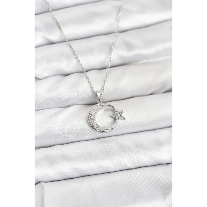 316L Çelik Zincir Gümüş Renk Ay Yıldız Model Zirkon Taşlı Kadın Kolye - TJ-BKO10904