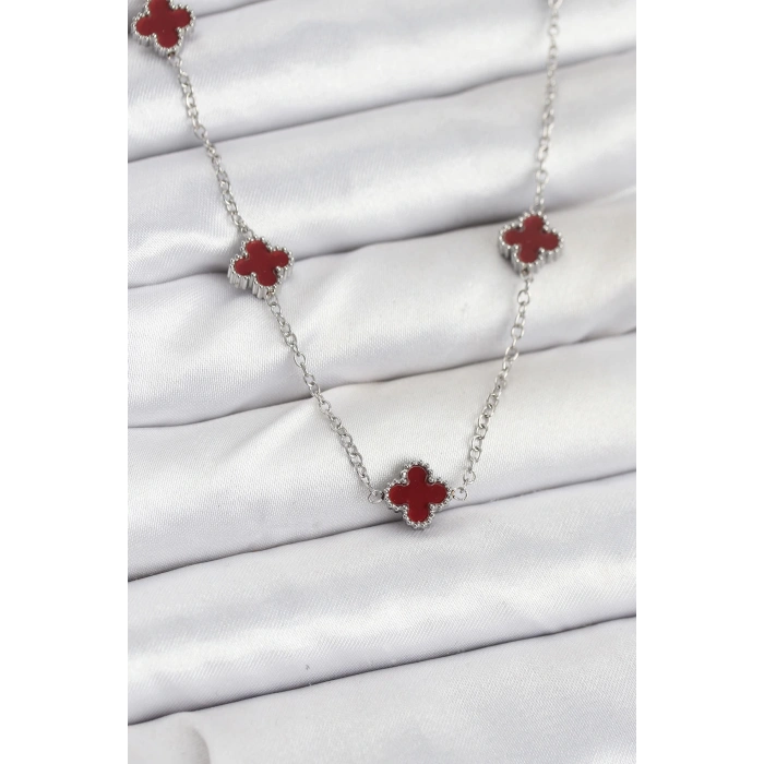 316L Çelik Zincir Gümüş Renk Bordo Baby Boy Yonca Kadın Kolye - TJ-BKO10577