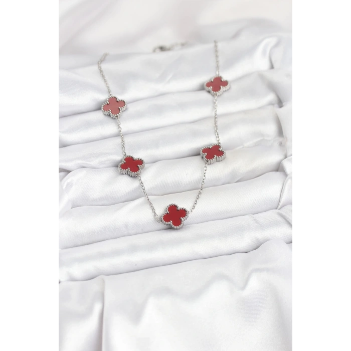 316L Çelik Zincir Gümüş Renk Bordo Renk Yonca Kadın Kolye - TJ-BKO10569