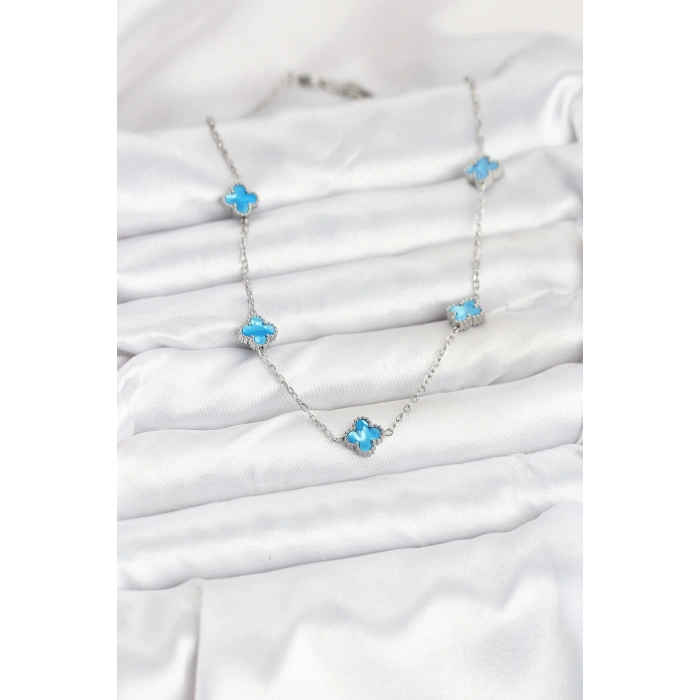 316L Çelik Zincir Gümüş Renk Buz Mavisi Baby Boy Yonca Kadın Kolye - TJ-BKO10576