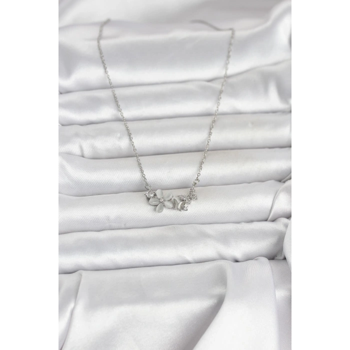 316L Çelik Zincir Gümüş Renk Çiçek ve Kelebek Model Kadın Kolye - TJ-BKO11039