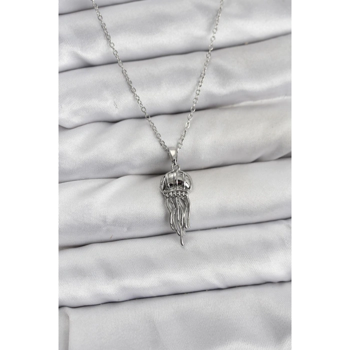 316L Çelik Zincir Gümüş Renk Deniz Anası Model Zirkon Taşlı Kadın Kolye - TJ-BKO10843