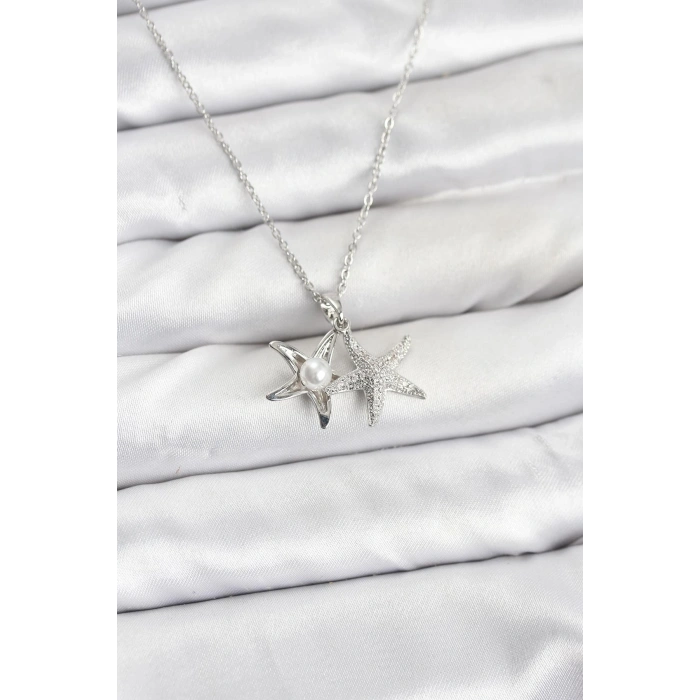 316L Çelik Zincir Gümüş Renk Deniz Yıldızı Model Zirkon Taşlı Kadın Kolye - TJ-BKO10906