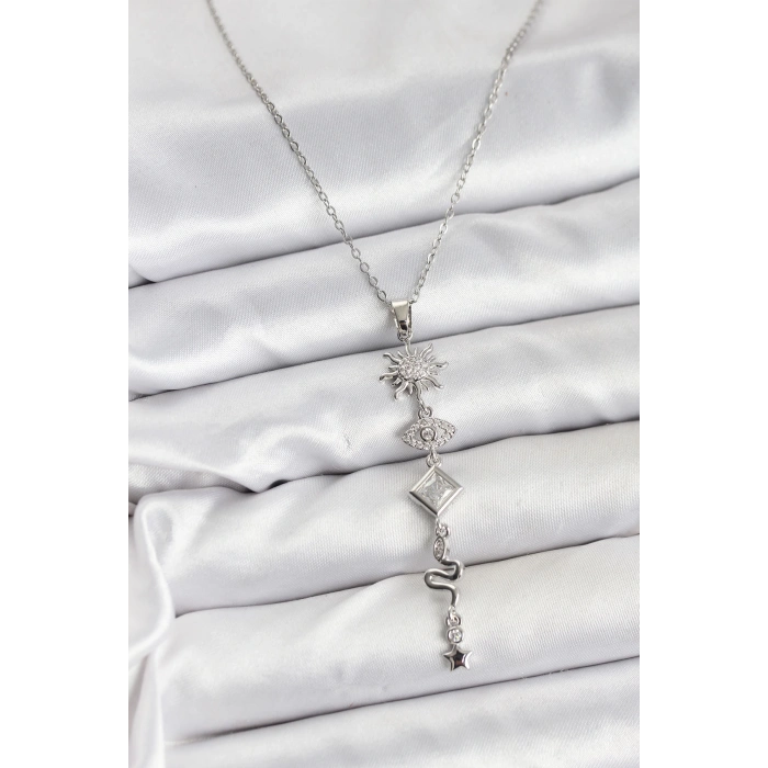 316L Çelik Zincir Gümüş Renk Güneş ve Enerji Model Kadın Y Kolye - TJ-BKO10669