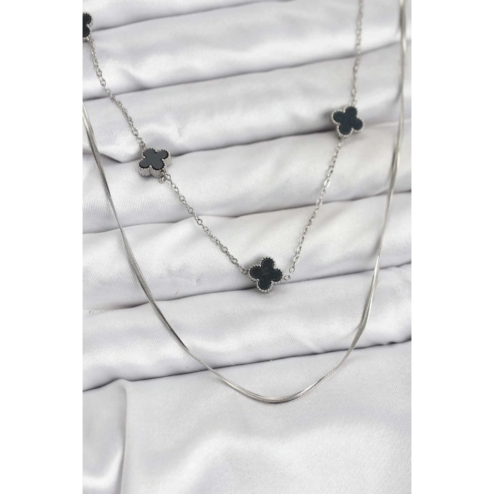 316L Çelik Zincir Gümüş Renk İtalyan Zincirli Siyah Yonca Model Kadın Kolye - TJ-BKO10781