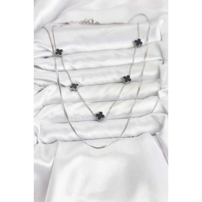 316L Çelik Zincir Gümüş Renk İtalyan Zincirli Siyah Yonca Model Kadın Kolye - TJ-BKO10781