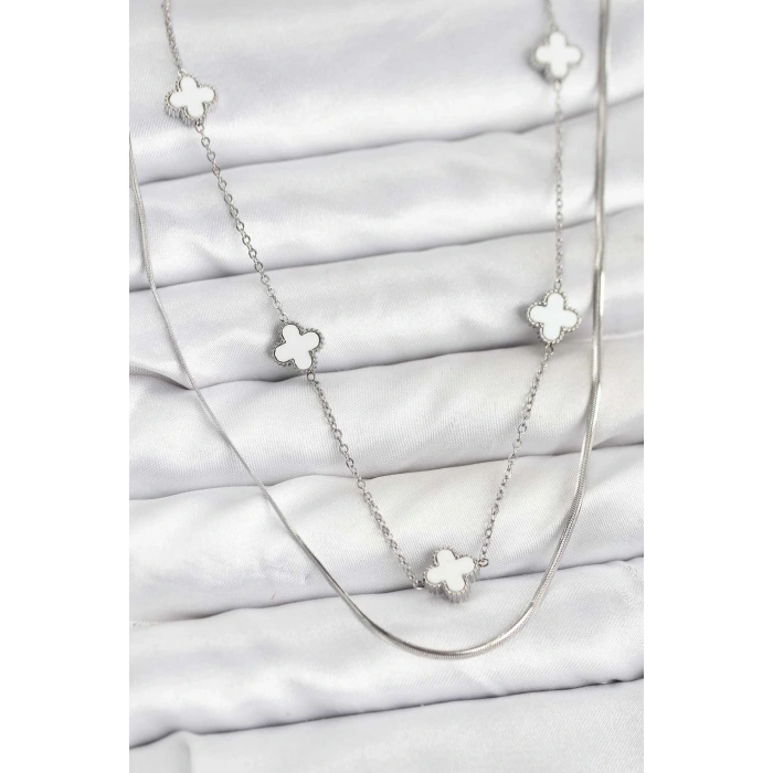 316L Çelik Zincir Gümüş Renk İtalyan Zincirli Yonca Model Kadın Kolye - TJ-BKO10779