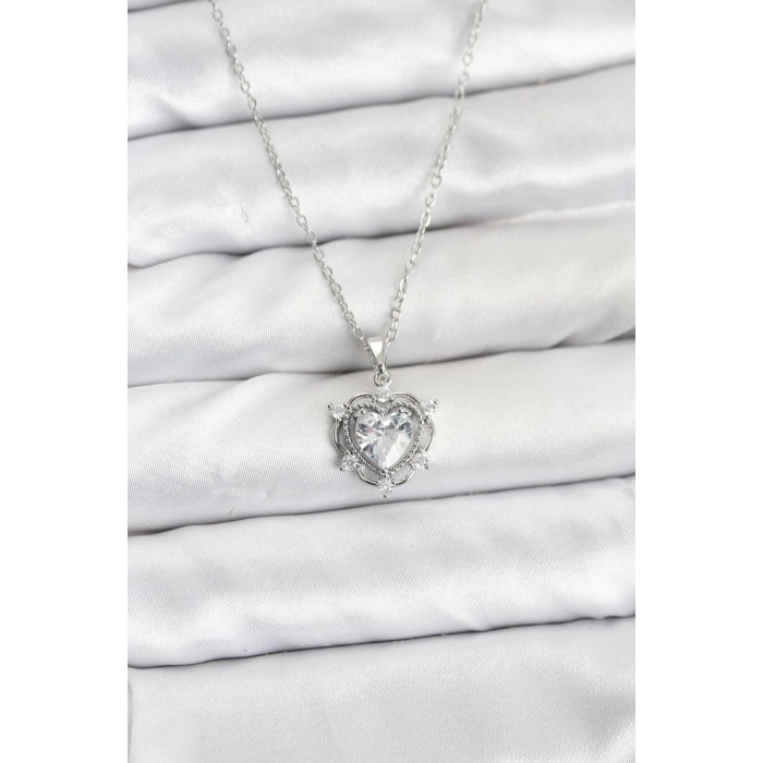 316L Çelik Zincir Gümüş Renk Kalp Model Zirkon Taşlı Kadın Kolye - TJ-BKO10882