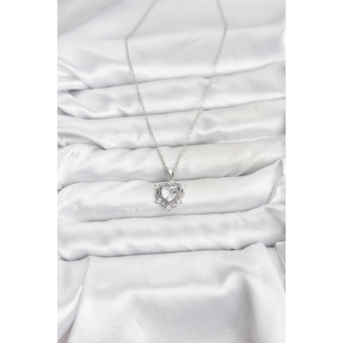 316L Çelik Zincir Gümüş Renk Kalp Model Zirkon Taşlı Kadın Kolye - TJ-BKO10882