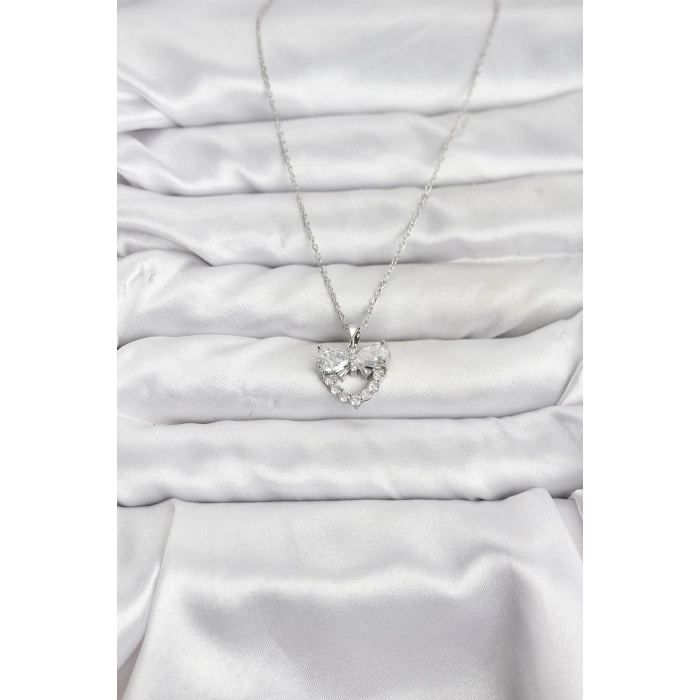 316L Çelik Zincir Gümüş Renk Kalp ve Fiyonk Model Zirkon Taşlı Kadın Kolye - TJ-BKO10849