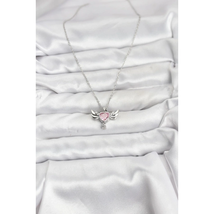 316L Çelik Zincir Gümüş Renk Kanatlı Kalp Model Zirkon Taşlı Kadın Kolye - TJ-BKO10836