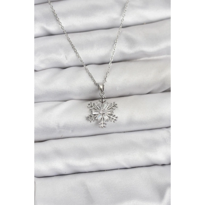 316L Çelik Zincir Gümüş Renk Kar Tanesi Model Zirkon Taşlı Kadın Kolye - TJ-BKO10830