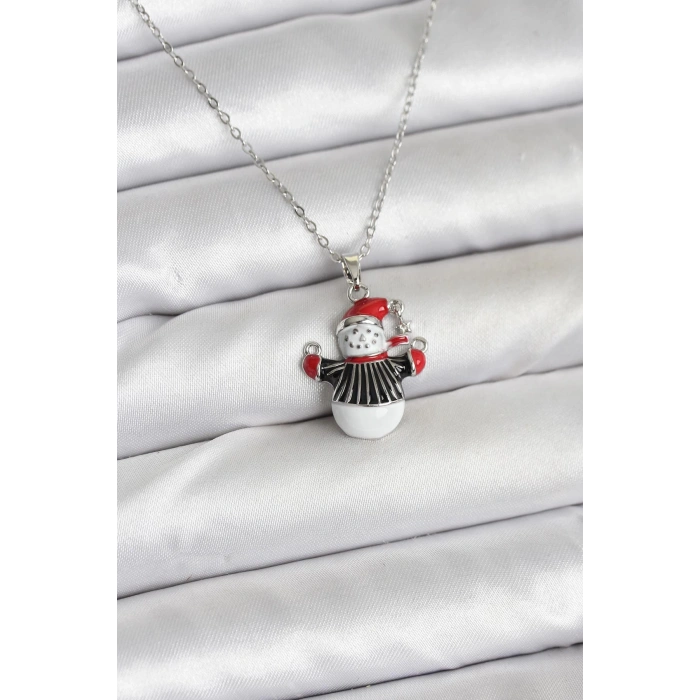 316L Çelik Zincir Gümüş Renk Kardan Adam Figürlü Yılbaşı Temalı Kadın Kolye - TJ-BKO10713
