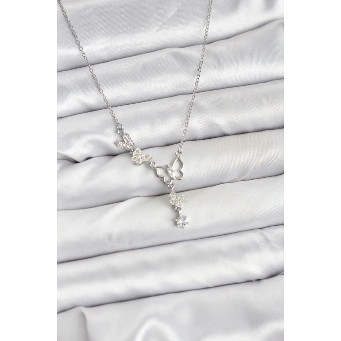 316L Çelik Zincir Gümüş Renk Kelebek Model Kadın Kolye - TJ-BKO10677