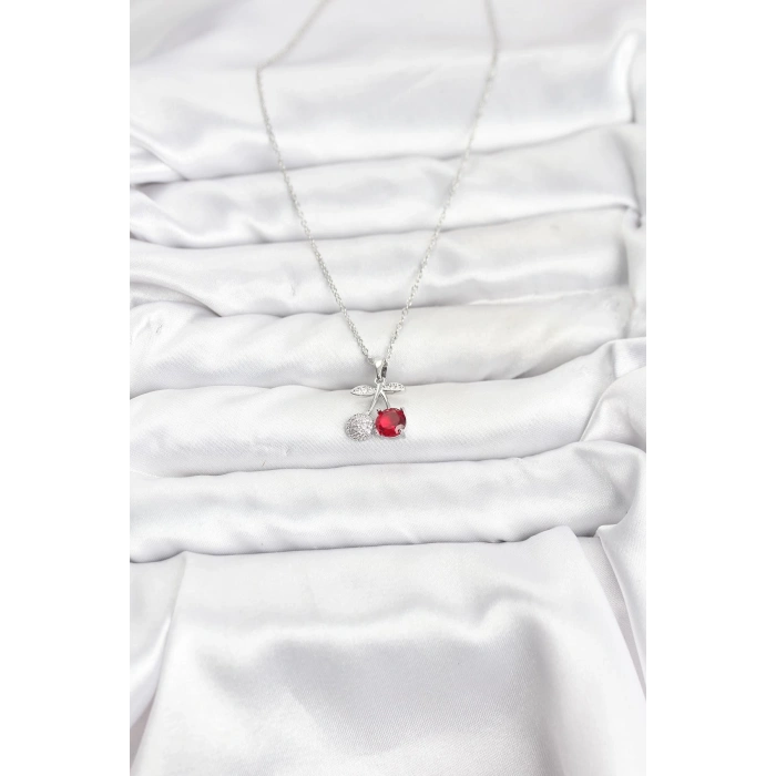 316L Çelik Zincir Gümüş Renk Kiraz Model Zirkon Taşlı Kadın Kolye - TJ-BKO10855