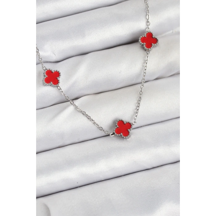 316L Çelik Zincir Gümüş Renk Kırmızı Baby Boy Yonca Kadın Kolye - TJ-BKO10581