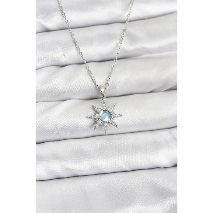 316L Çelik Zincir Gümüş Renk Kutup Yıldızı Model Zirkon Taşlı Kadın Kolye - TJ-BKO10860