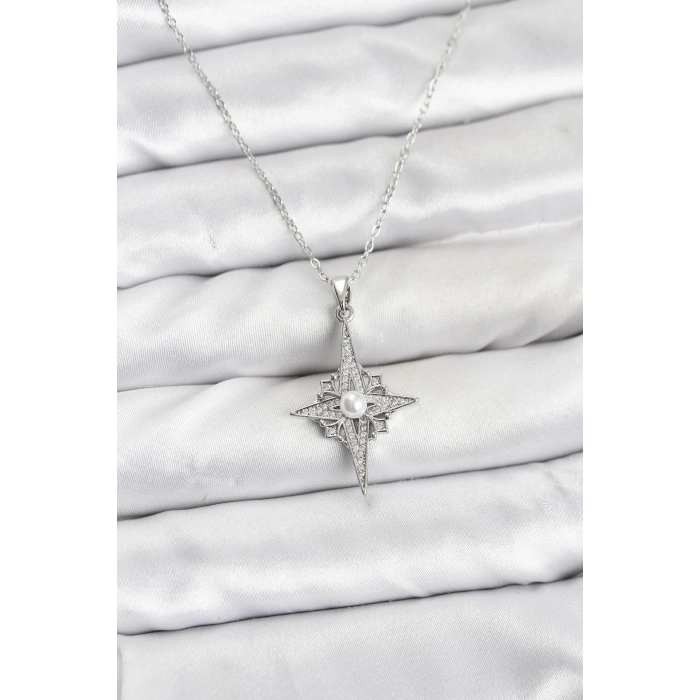 316L Çelik Zincir Gümüş Renk Kutup Yıldızı Model Zirkon Taşlı Kadın Kolye - TJ-BKO10892