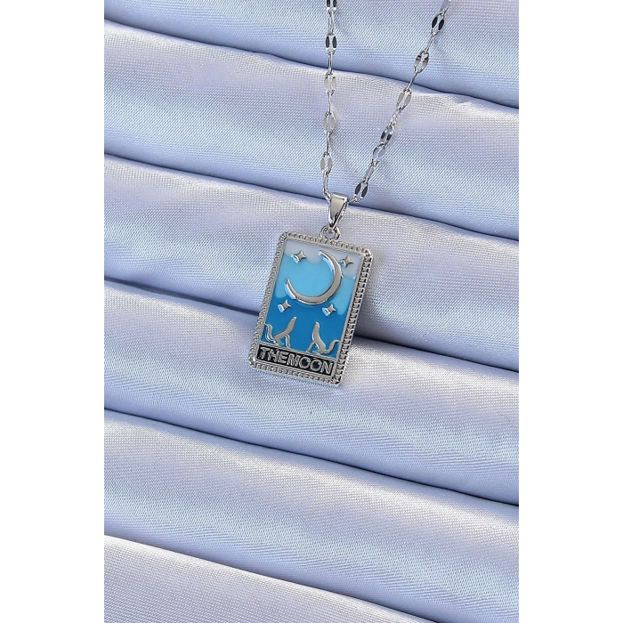 316L Çelik Zincir Gümüş Renk Mavi Mineli Ay Figür Tarot Kolye - TJ-BKO9212