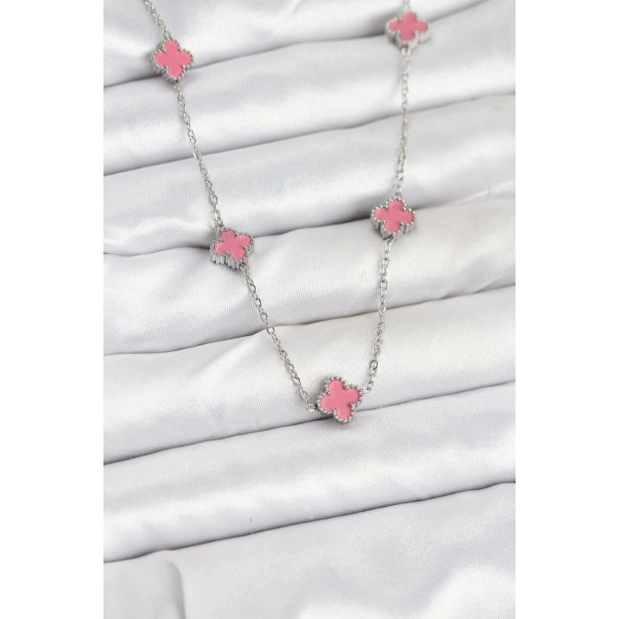 316L Çelik Zincir Gümüş Renk Pembe Baby Boy Yonca Kadın Kolye - TJ-BKO10575