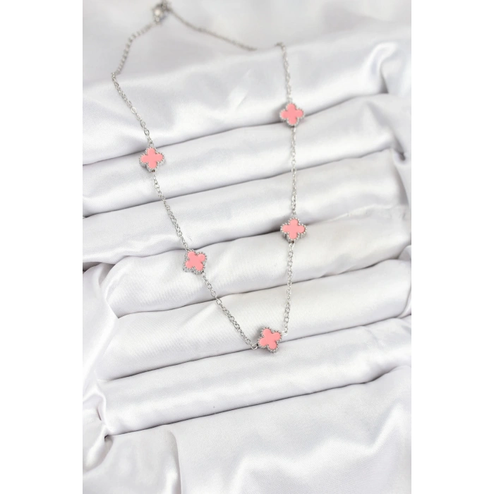 316L Çelik Zincir Gümüş Renk Pembe Baby Boy Yonca Kadın Kolye - TJ-BKO10579