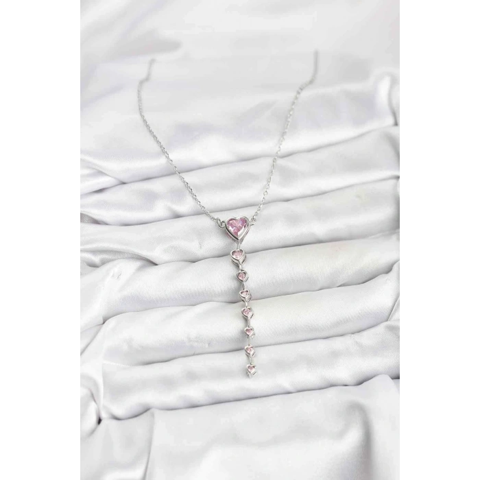 316L Çelik Zincir Gümüş Renk Pembe Kalp Kadın Kolye - TJ-BKO10821
