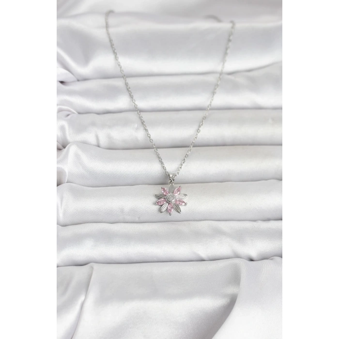 316L Çelik Zincir Gümüş Renk Pembe Papatya Model Kadın Kolye - TJ-BKO11031