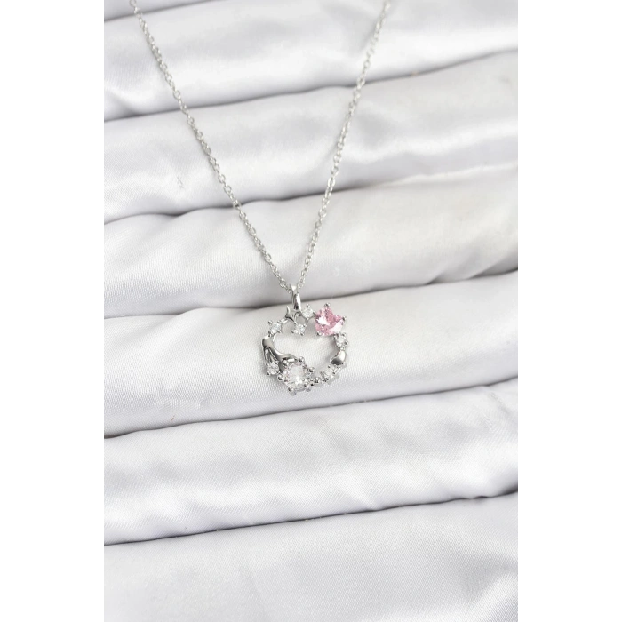 316L Çelik Zincir Gümüş Renk Pembe Taş Detaylı Çelenk Model Kadın Kolye - TJ-BKO10902