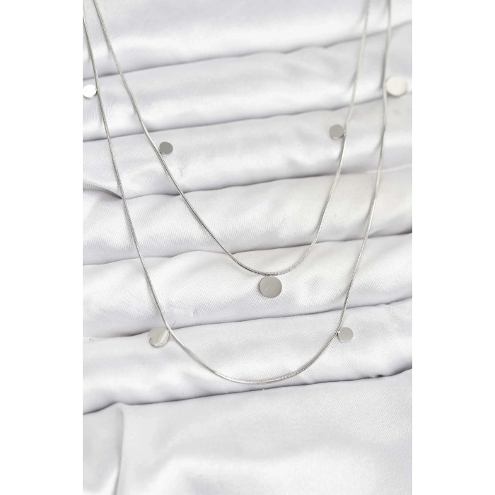 316L Çelik Zincir Gümüş Renk Pullu Kadın Kolye - TJ-BKO10788