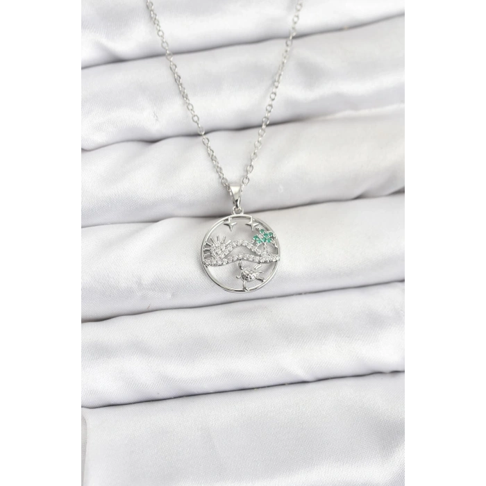 316L Çelik Zincir Gümüş Renk Şans Kolyesi Model Zirkon Taşlı Kadın Kolye - TJ-BKO10898