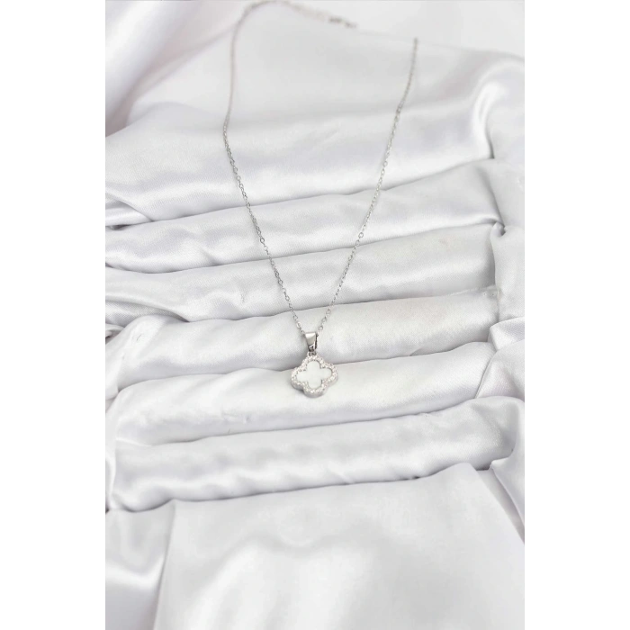 316L Çelik Zincir Gümüş Renk Sedefli Yonca Kadın Kolye - TJ-BKO10766