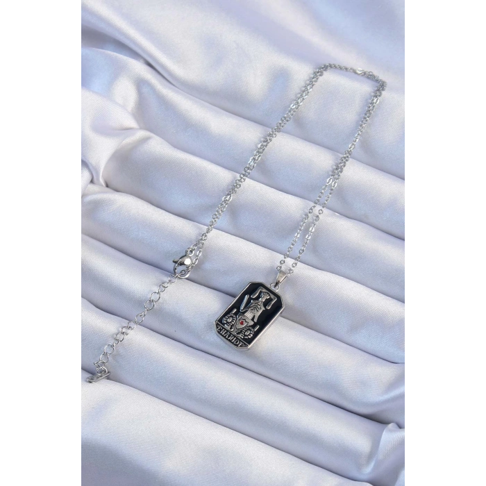 316L Çelik Zincir Gümüş Renk Siyah Mineli Tarot Kolye - TJ-BKO9246
