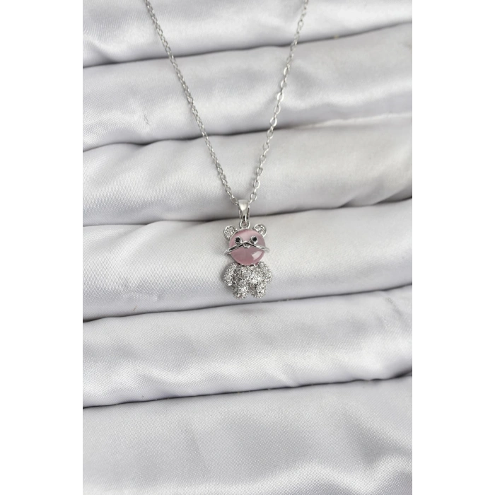 316L Çelik Zincir Gümüş Renk Teddy Bear Model Zirkon Taşlı Kadın Kolye - TJ-BKO10853