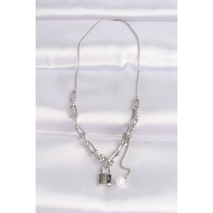 316L Çelik Zincir Gümüş Renk Tiffany Zincirli Love Yazılı Kilit Kolye - TJ-BKO8633