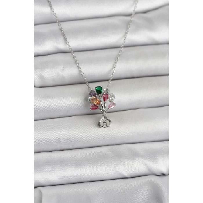 316L Çelik Zincir Gümüş Renk Uçan Balon Ev Figür Kadın Kolye - TJ-BKO11027