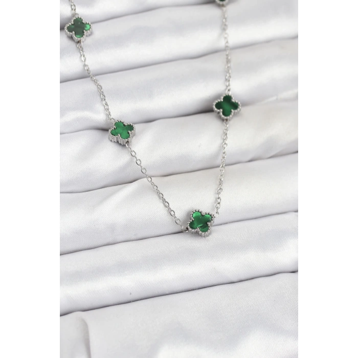 316L Çelik Zincir Gümüş Renk Yeşil Baby Boy Yonca Kadın Kolye - TJ-BKO10578