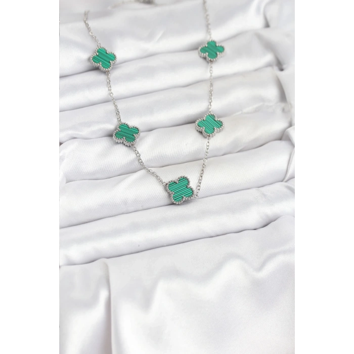 316L Çelik Zincir Gümüş Renk Yeşil Yonca Kadın Kolye - TJ-BKO10568