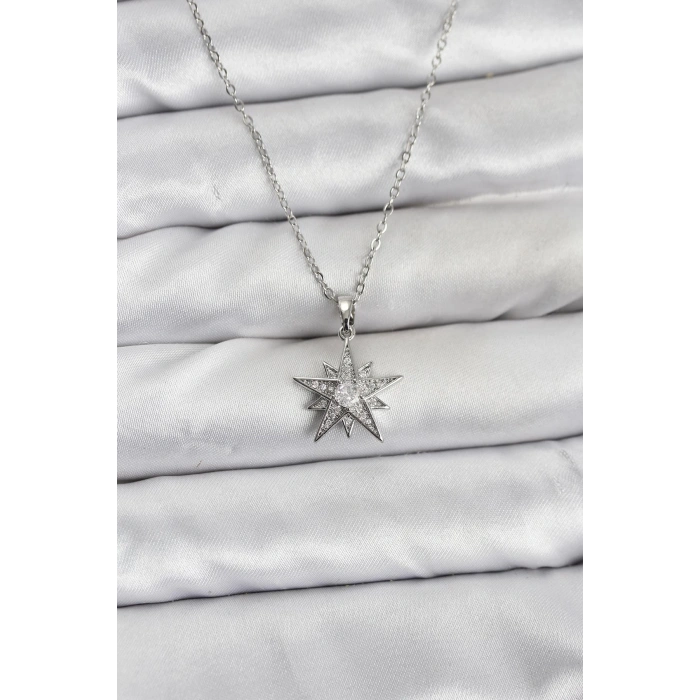 316L Çelik Zincir Gümüş Renk Yıldız Model Zirkon Taşlı Kadın Kolye - TJ-BKO10845