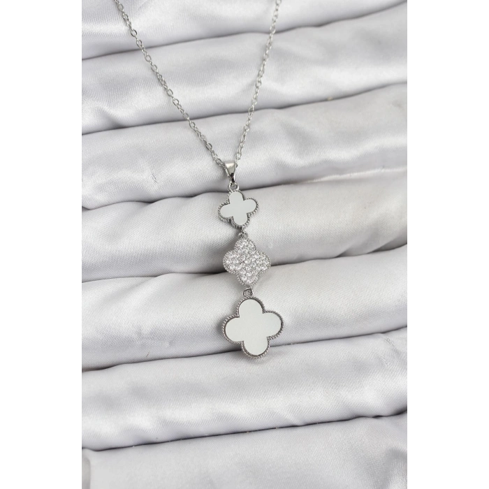 316L Çelik Zincir Gümüş Renk Yonca Detaylı Zirkon Taşlı Kadın Kolye - TJ-BKO10828