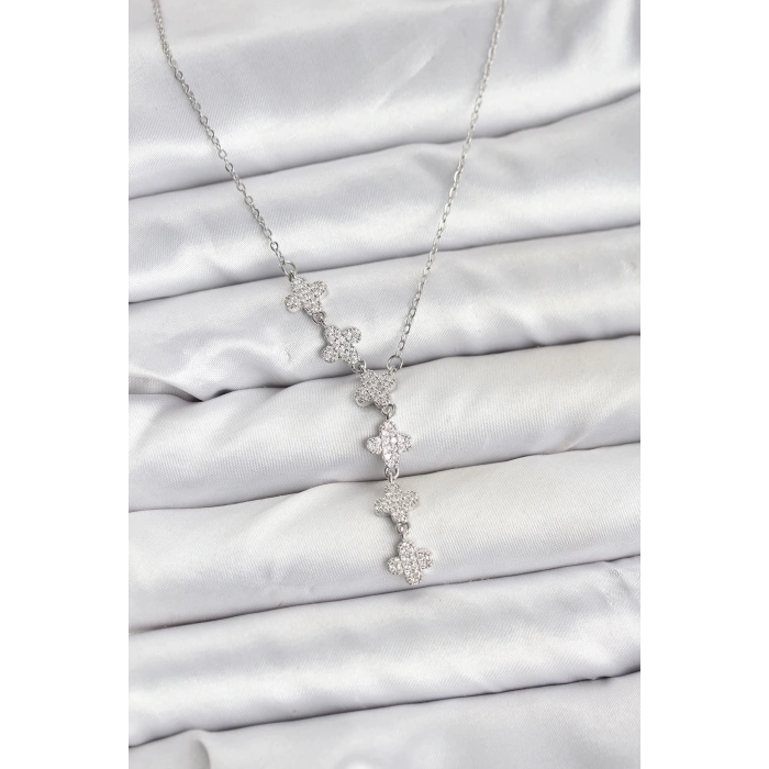 316L Çelik Zincir Gümüş Renk Yonca Model Kadın Kolye - TJ-BKO10675