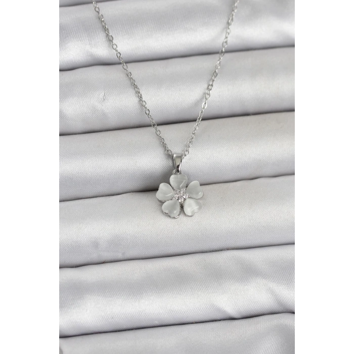 316L Çelik Zincir Gümüş Renk Yonca Model Kadın Kolye - TJ-BKO11021