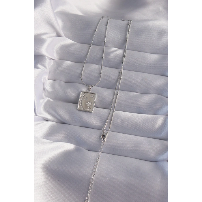 316L Çelik Zincir Gümüş Renk Zirkon Taşlı Ay Yıldız Figürlü Tarot Kolye - TJ-BKO9022